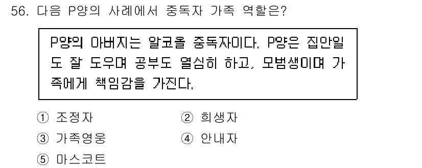 청소년상담사_1급(2교시)(구) 2021년 56번 - P양의 사례에서 중독자가 된 아버지는 가족 내에서 부정적인 영향을 미치는... 에 관한 핵심 기출문제