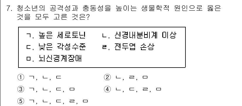 청소년상담사_1급(2교시)(구) 2021년 7번 - . 뇌신경계장애

해설: 청소년의 공감성과 충동성을 높이는 생물학적 요인... 에 관한 핵심 기출문제