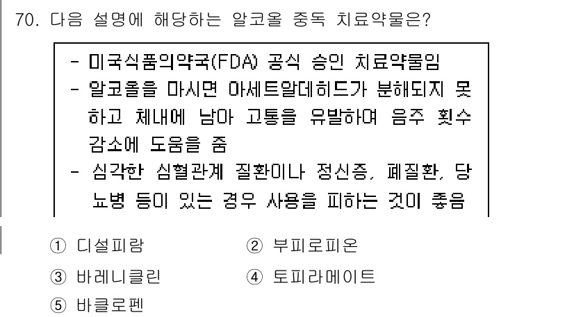 청소년상담사_1급(2교시)(구) 2021년 70번 - 알코올 중독 치료 약물로는 디설피람(1번)이 사용됩니다. 이 약물은 알코... 에 관한 핵심 기출문제