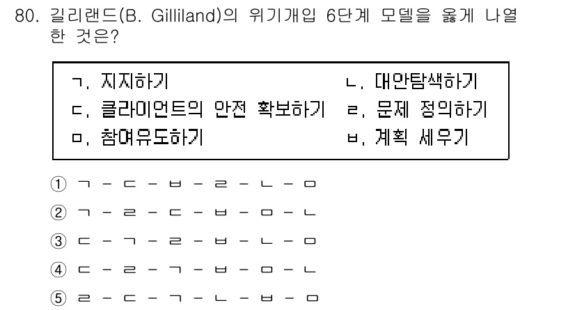 청소년상담사_1급(2교시)(구) 2021년 80번 - 길리랜드의 위기개입 6단계 모델은 문제 해결을 위한 체계적 접근을 제공한... 에 관한 핵심 기출문제