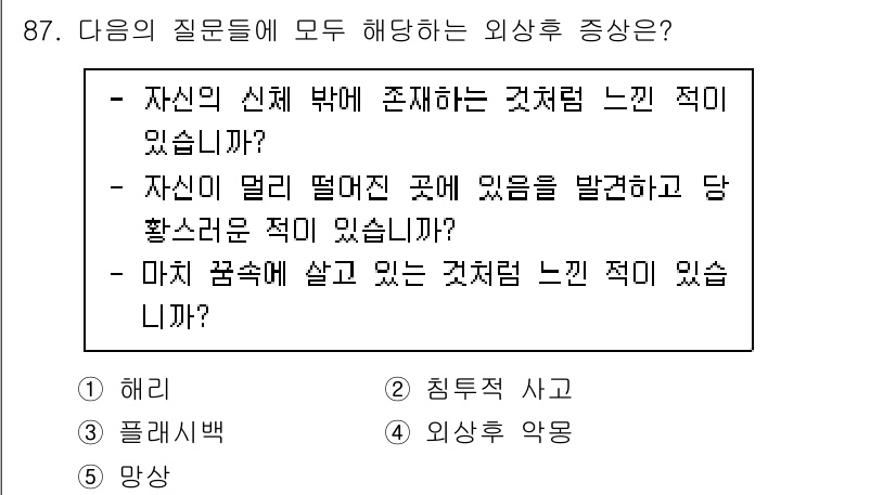 청소년상담사_1급(2교시)(구) 2021년 87번 - '해리'는 자아와 정체성의 분리로 나타나며, 자신의 심리적 거리감을 표현... 에 관한 핵심 기출문제