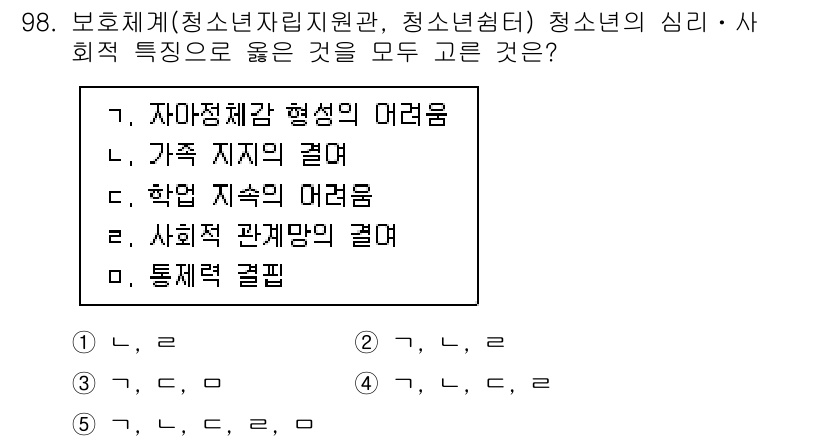 청소년상담사_1급(2교시)(구) 2021년 98번 - 정답은 5번 "통제력 결핍"입니다. 청소년기는 자아 정체성을 형성하는 중... 에 관한 핵심 기출문제