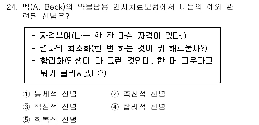 청소년상담사_1급(2교시) 2021년 24번 - 문제에서 언급한 신념들은 인지치료의 핵심 개념에 해당합니다. 자격부여 신... 에 관한 핵심 기출문제