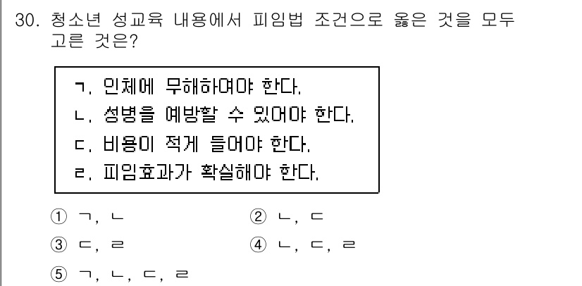 청소년상담사_1급(2교시) 2021년 30번 - 청소년 성교육에서 피임법의 조건은 신뢰성, 적절한 사용 및 효과의 확실성... 에 관한 핵심 기출문제