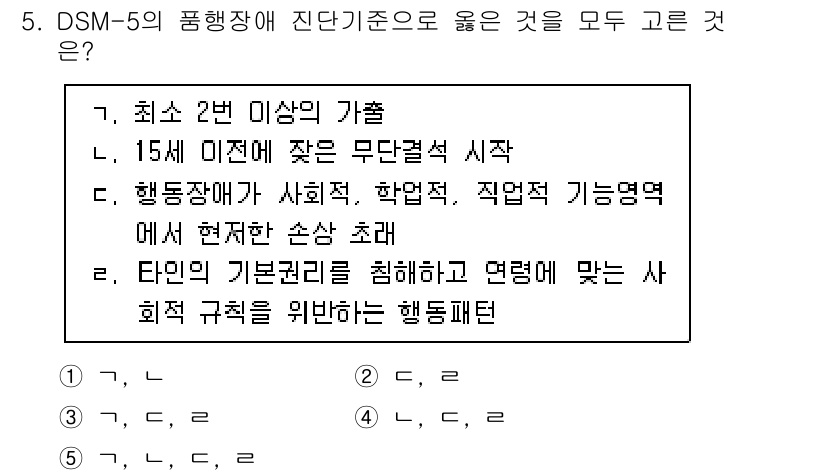청소년상담사_1급(2교시) 2021년 5번 - 정답 3번은 DSM-5에서 정의하는 행동장애의 특성 중 하나로, 개인의 ... 에 관한 핵심 기출문제
