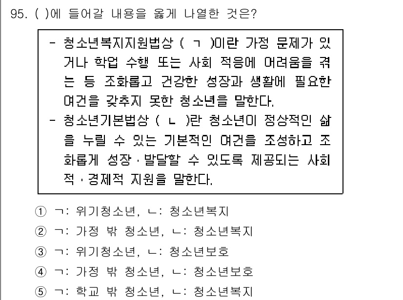 청소년상담사_1급(2교시) 2021년 95번 - 문제에서 질문하는 내용은 청소년 복지의 목표와 관련된 것입니다. 청소년복... 에 관한 핵심 기출문제