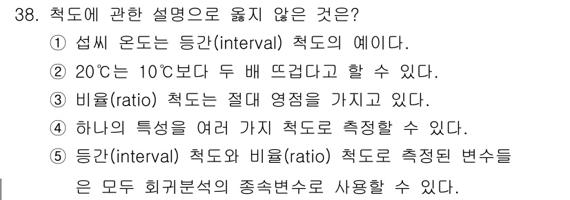 청소년상담사_2급(1교시)(구) 2021년 38번 - 20℃는 10℃보다 두 배 뜨겁다고 할 수 없으며, 온도 측정은 절대적이... 에 관한 핵심 기출문제