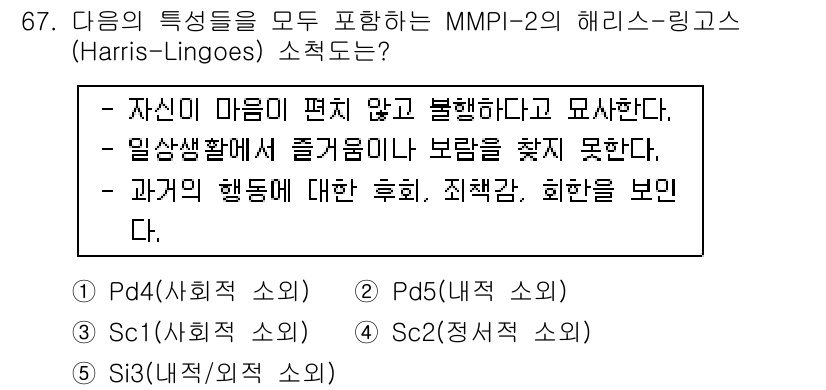 청소년상담사_2급(1교시)(구) 2021년 67번 - MMPI-2의 해리스-링고스 소척도는 내적 갈등과 스트레스를 나타내는 특... 에 관한 핵심 기출문제