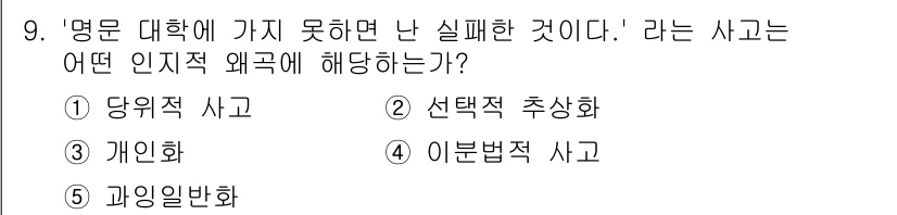 청소년상담사_2급(1교시)(구) 2021년 9번 - 정답은 4번 '선택적 추상화'입니다. 이 사고는 특정 경험이나 부정적인 ... 에 관한 핵심 기출문제