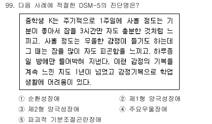 청소년상담사_2급(1교시)(구) 2021년 99번 - 위 사례는 DSM-5의 '불안 장애'와 관련된 내용으로 보입니다. 여기서... 에 관한 핵심 기출문제