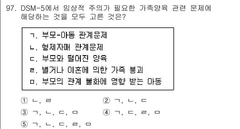 청소년상담사_2급(1교시) 2021년 97번 - . 부모와 떨어진 양육

해설: DSM-5에서 부모-자녀 관계에서의 문제... 에 관한 핵심 기출문제