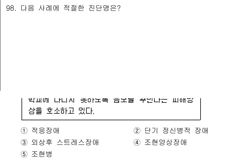 청소년상담사_2급(1교시) 2021년 98번 - 주어진 사례는 나니시 졸아노르급 장애를 언급하고 있습니다. 이는 외적 스... 에 관한 핵심 기출문제
