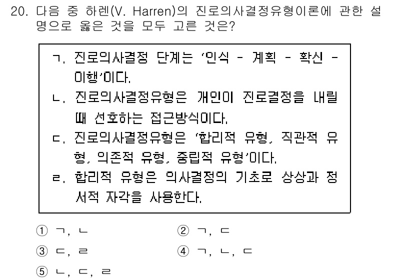 청소년상담사_2급(2교시)(구) 2021년 20번 - . 

진로사정적 단계는 ‘인식 - 계획 - 확신’의 순서를 가진다. 진... 에 관한 핵심 기출문제