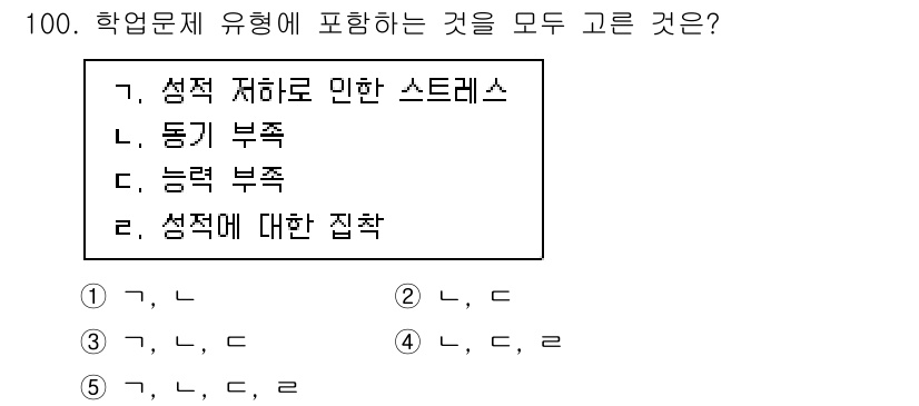 청소년상담사_2급(2교시) 2021년 100번 - 학업문제 유형에 포함되는 것은 성격 저하로 인한 스트레스, 동기 부족, ... 에 관한 핵심 기출문제
