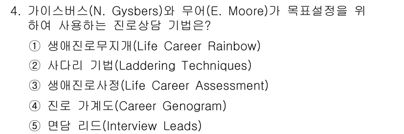 청소년상담사_2급(2교시) 2021년 4번 - 멘탈 리드는 클라이언트가 자신의 진로를 탐색하고 목표를 설정하는 데 도움... 에 관한 핵심 기출문제