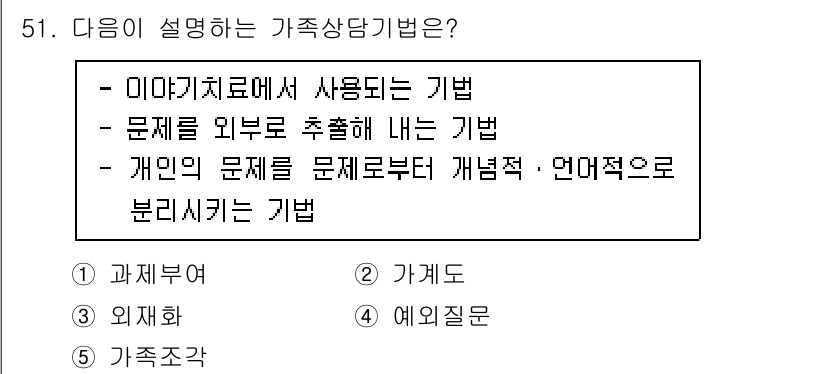 청소년상담사_2급(2교시) 2021년 51번 - 번 개인적 문제를 문제제기로 개념적·언어적으로 분리하는 기법은 상담에서 ... 에 관한 핵심 기출문제