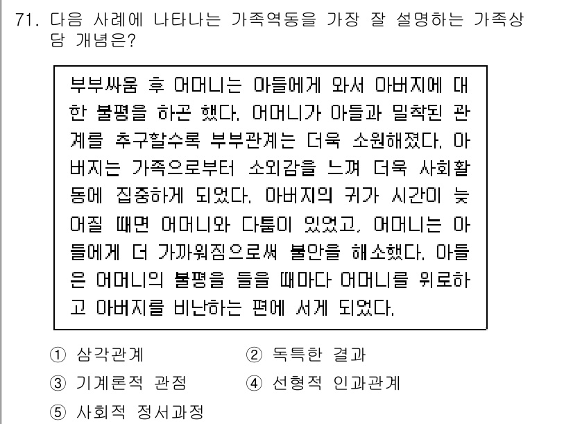 청소년상담사_2급(2교시) 2021년 71번 - . 이 사례는 부모의 갈등이 자녀에게 미치는 부정적인 영향을 보여준다. ... 에 관한 핵심 기출문제
