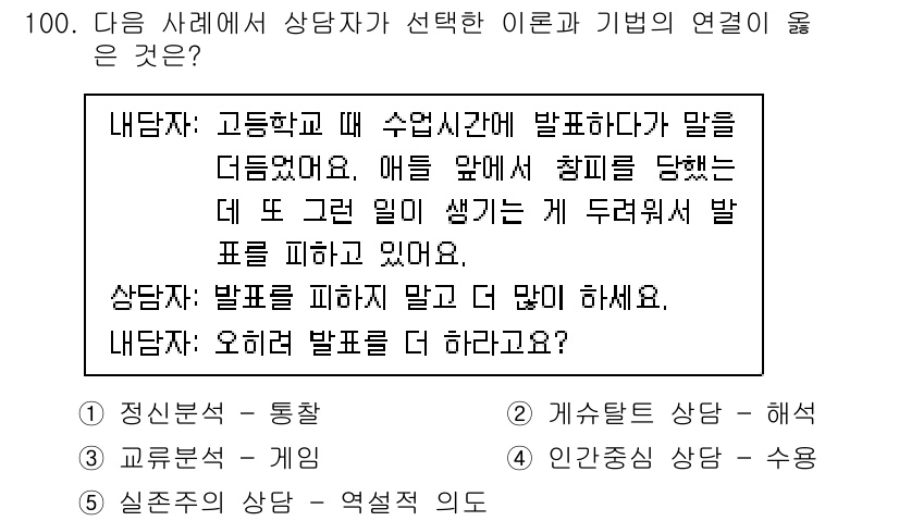 청소년상담사_3급(1교시)(구) 2021년 100번 - . 정답인 이유는 아이들의 발표 불안이 심화되면서, 상담자가 이를 인식하... 에 관한 핵심 기출문제