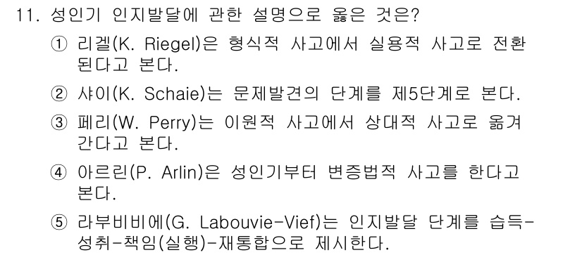 청소년상담사_3급(1교시) 2021년 11번 - 페리(Perry)는 대학생의 사고를 이원적 사고에서 상대적 사고로 발전하... 에 관한 핵심 기출문제