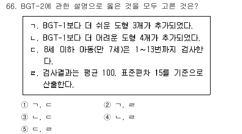 청소년상담사_3급(1교시) 2021년 66번 - 정답은 5번이다. BGT-2는 검사의 평균 점수와 표준편차를 제공하여 보... 에 관한 핵심 기출문제