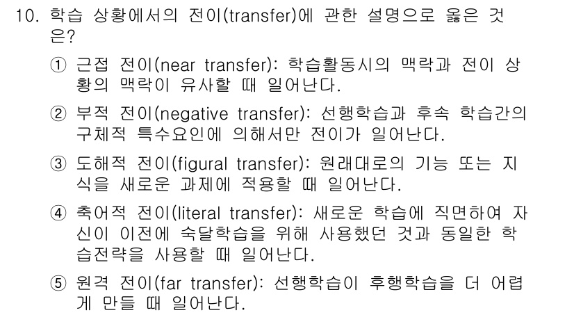 청소년상담사_3급(2교시)(구) 2021년 10번 - 번. 

근접 전이(near transfer)는 학습 활동의 맥락과 전이... 에 관한 핵심 기출문제
