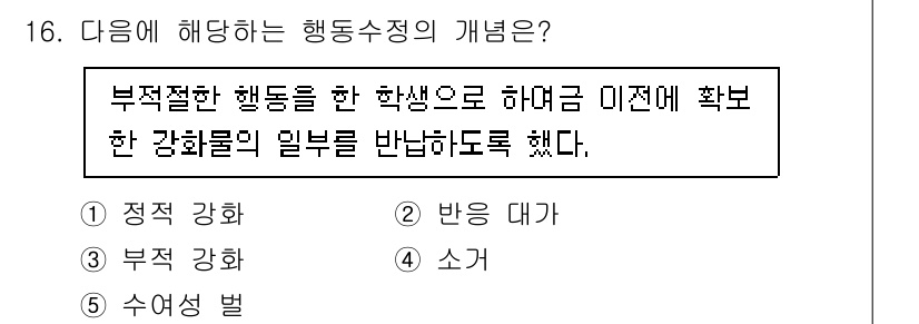 청소년상담사_3급(2교시)(구) 2021년 16번 - 부적절한 행동을 한 학생에게 이전에 확보한 강화를 일부로 반납하도록 한 ... 에 관한 핵심 기출문제