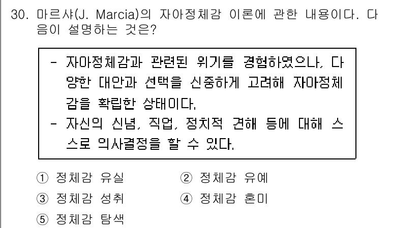 청소년상담사_3급(2교시)(구) 2021년 30번 - 정답 3번은 자아정체감 혼미 상태를 설명합니다. 이 상태에서는 정체성 형... 에 관한 핵심 기출문제