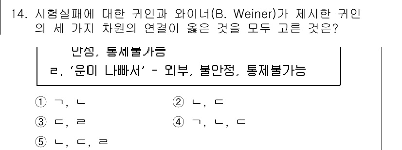 청소년상담사_3급(2교시) 2021년 14번 - 정답 5번이 맞는 이유는, B. Weiner의 이론에서 실패에 대한 귀인... 에 관한 핵심 기출문제