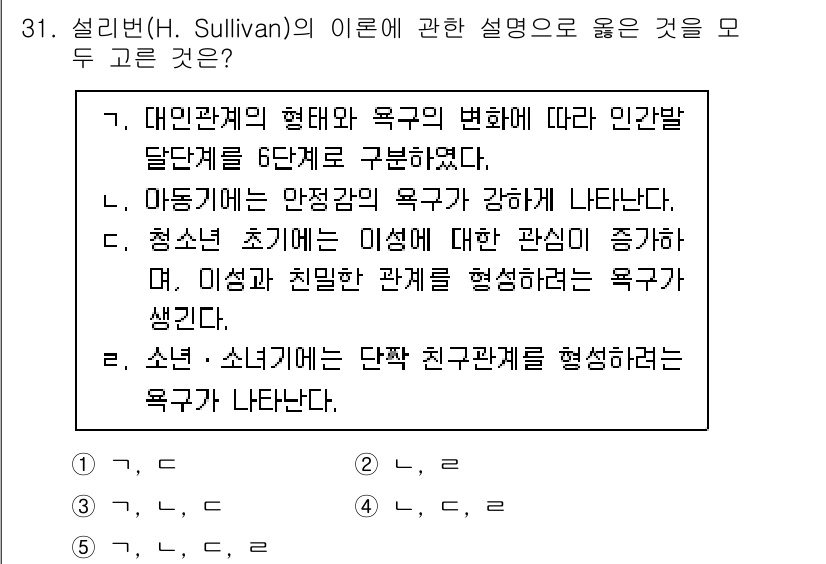 청소년상담사_3급(2교시) 2021년 31번 - 정답의 이유는 설리반의 이론에서 인간관계의 유형과 욕구 변화가 개인의 발... 에 관한 핵심 기출문제