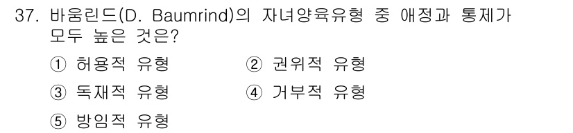 청소년상담사_3급(2교시) 2021년 37번 - 정답은 2번, 권위적 유형입니다. 권위적 양육은 높은 애정과 높은 통제를... 에 관한 핵심 기출문제