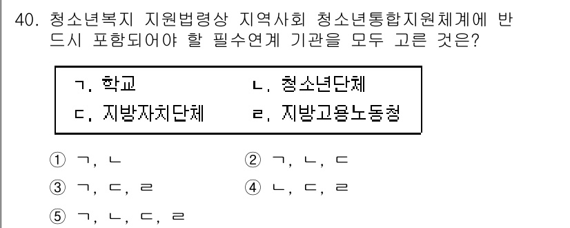 청소년상담사_3급(2교시) 2021년 40번 - 청소년복지 지원방향에서 청소년통합지원체계는 학교, 청소년단체, 지방고용노... 에 관한 핵심 기출문제