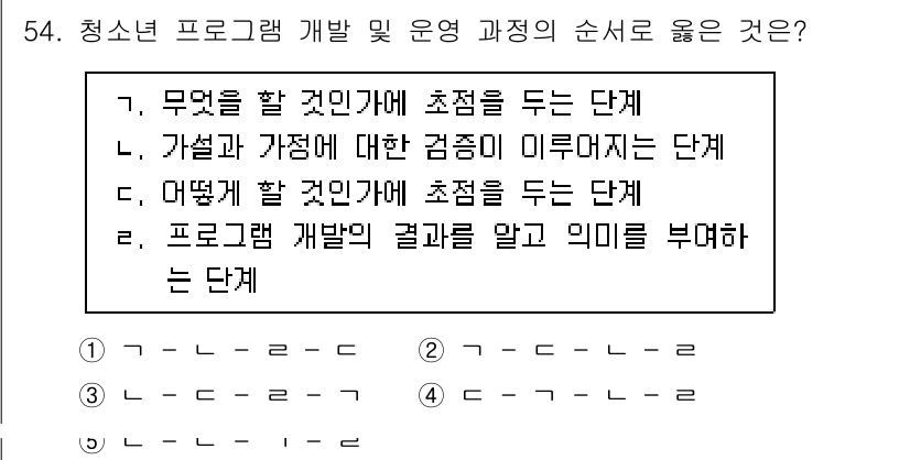 청소년상담사_3급(2교시) 2021년 54번 - 정답 2번은 프로그램 개발 단계에서 '개별 평가 및 검증' 과정이 필요하... 에 관한 핵심 기출문제