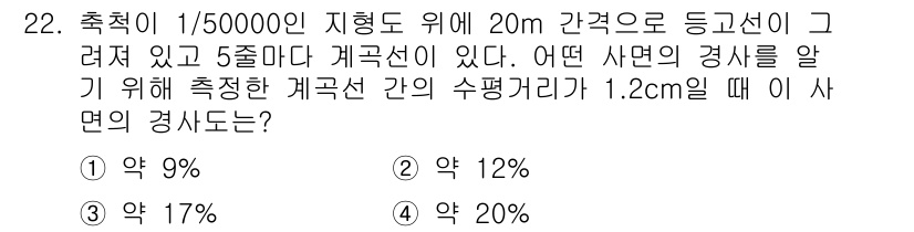 도시계획기사 2021년 22번 - 지형도 스케일이 1/50000이므로 1cm는 실제 500m에 해당합니다.... 에 관한 핵심 기출문제