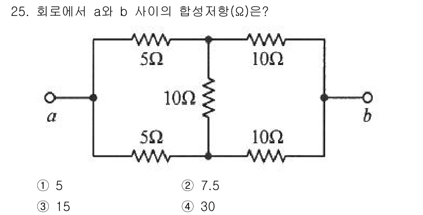 소방설비기사(전기분야) 2021년 25번 - a와 b 사이의 합성 저항을 구하기 위해, 먼저 10Ω 저항 두 개를 직... 에 관한 핵심 기출문제