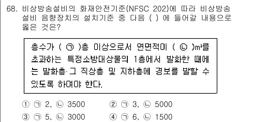 소방설비기사(전기분야) 2021년 68번 - 정답 3번은 "1500"이다. NFSC 202에서 규정한 기준에 따르면,... 에 관한 핵심 기출문제