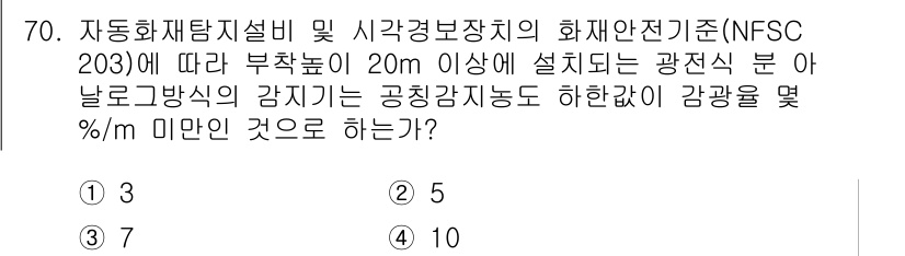 소방설비기사(전기분야) 2021년 70번 - 문제에서 언급된 NFSC 203 기준에 따르면, 20m 이상 설치되는 광... 에 관한 핵심 기출문제