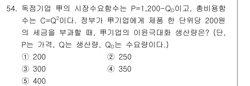 감정평가사_1차_1교시(구) 2015년 54번 - 문제에서 주어진 가격 함수를 통해 생산량(Q)과 가격(P) 간의 관계를 ... 에 관한 핵심 기출문제