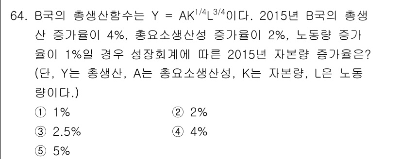 감정평가사_1차_1교시(구) 2016년 62번 - 총산함수 Y는 A, K, L에 의존하며, 주어진 증가율을 활용해 각 요소... 에 관한 핵심 기출문제