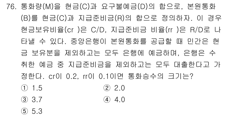감정평가사_1차_1교시(구) 2016년 74번 - 통화량(M)은 현금(C)과 요구불예금(D)의 합으로 정의되며, 본원통화(... 에 관한 핵심 기출문제