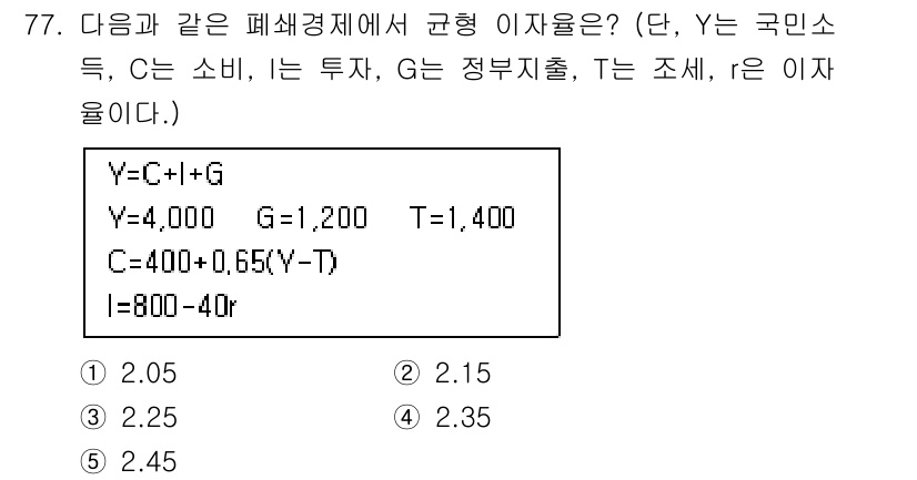감정평가사_1차_1교시(구) 2016년 75번 - 주어진 문제에서 Y는 국민소득, C는 소비, G는 정부지출, T는 조세를... 에 관한 핵심 기출문제