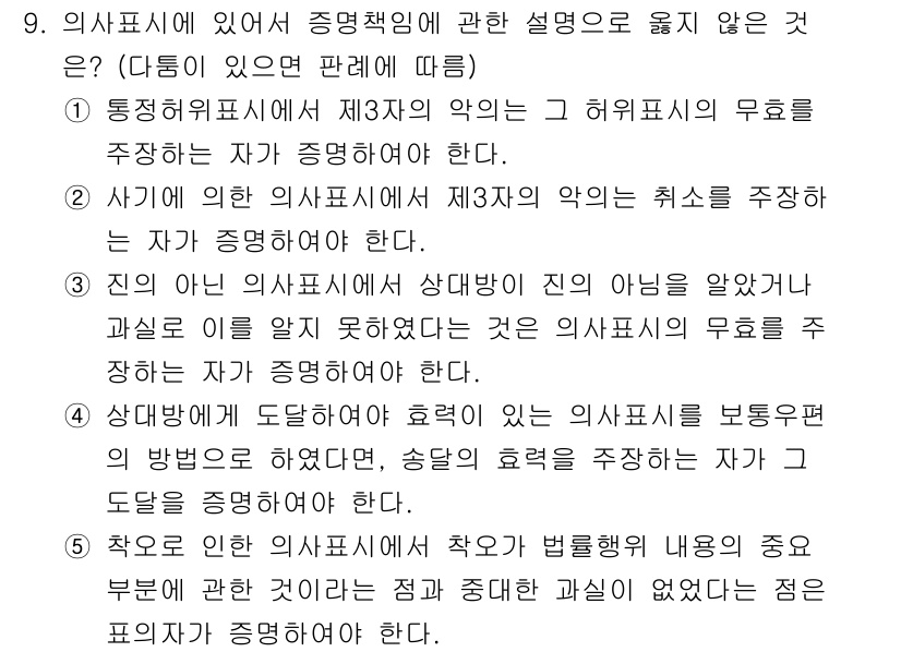 감정평가사_1차_1교시(구) 2016년 9번 - 제3자의 악의는 의사표시의 무효를 주장하는 자가 증명해야 하므로, 악의가... 에 관한 핵심 기출문제