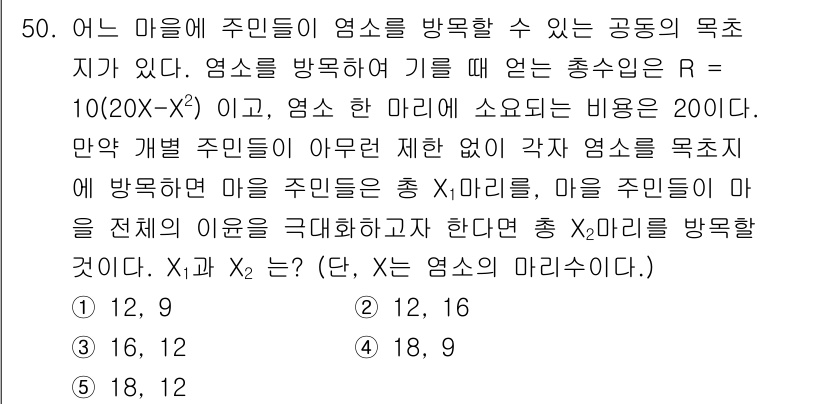 감정평가사_1차_1교시(구) 2017년 50번 - 문제에서 제시한 조건에 따라, 주민들이 염소를 방문할 때 총수익 R은 일... 에 관한 핵심 기출문제