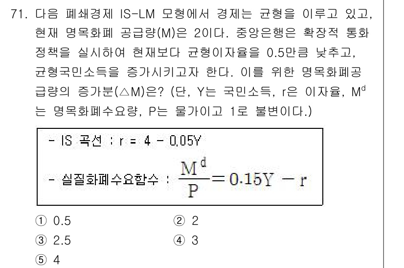 감정평가사_1차_1교시(구) 2017년 72번 - IS-LM 모형에서 명목화폐 공급이 증가하면 LM 곡선이 우측으로 이동하... 에 관한 핵심 기출문제