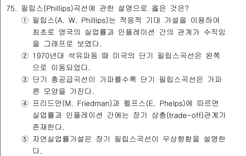 감정평가사_1차_1교시(구) 2017년 76번 - 필립스 곡선은 실업률과 인플레이션 간의 반비례 관계를 설명하며, 1970... 에 관한 핵심 기출문제