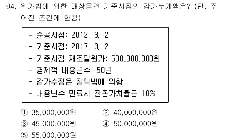 감정평가사_1차_1교시(구) 2017년 95번 - 주어진 정보에 따라 평가액은 감가상각과 경제적 내용연수에 기초하여 산정됩... 에 관한 핵심 기출문제