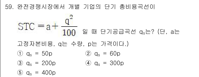 감정평가사_1차_1교시 2017년 59번 - 단기 총비용선(STC)은 고정비용(a)와 가변비용(q²/100)의 합으로... 에 관한 핵심 기출문제
