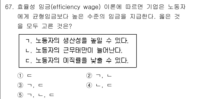 감정평가사_1차_1교시 2017년 68번 - 효율성 임금 이론에 따르면, 노동자에게 높은 임금을 지급함으로써 생산성을... 에 관한 핵심 기출문제