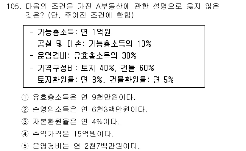 감정평가사_1차_1교시(구) 2019년 103번 - 문제에서 제시된 조건을 바탕으로 유효총소득 산정을 위해 각 항목의 비율을... 에 관한 핵심 기출문제