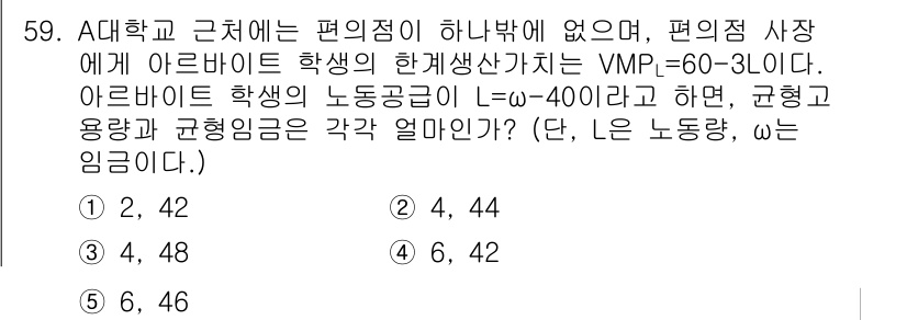 감정평가사_1차_1교시(구) 2019년 57번 - 주어진 문제에서 아르바이트 학생의 노출량(L)과 곱하기를 통해 임금(ω)... 에 관한 핵심 기출문제