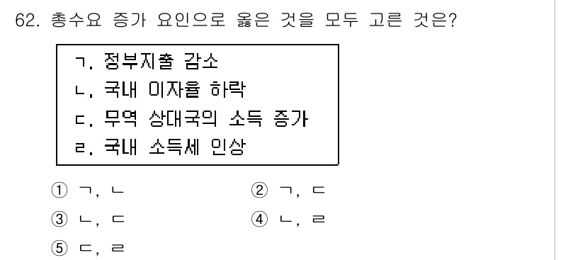 감정평가사_1차_1교시(구) 2019년 60번 - 정답 3번은 "정부지출 감소"와 "무역 상대국의 소득 증가"가 모두 고용... 에 관한 핵심 기출문제